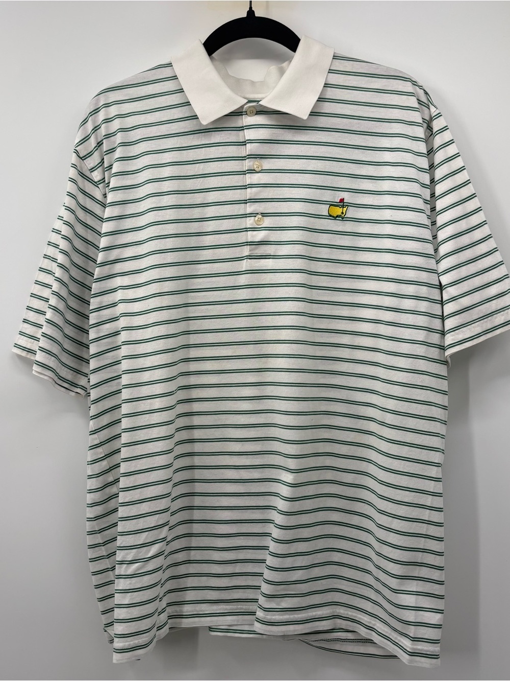Men's White Polo with Green Stripes and Contrast Collar